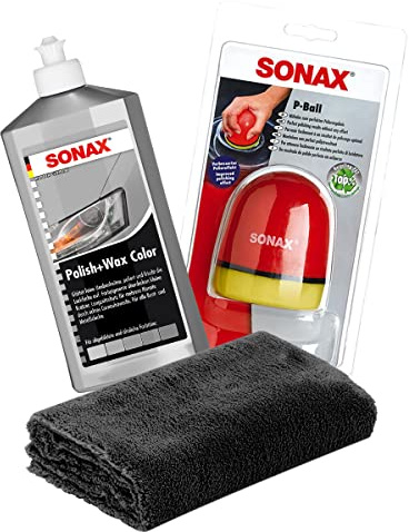 detailmate SONAX handpoleringsset: SONAX Polish vaxfärg silver/grå 500 ml polering Sonax P-boll ergonomisk polering boll edgeless superfluffig mikrofiber polerduk 40 x 40 cm, 550 GSM