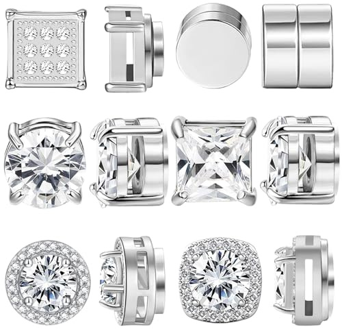 NEWITIN 6 Pairs Stainless Steel Magnetic Stud Earrings for Men Clip on Earring Magnetic Earring Unisex Non Piercing CZ Magnet Studs Diamond Earrings for Women Men
