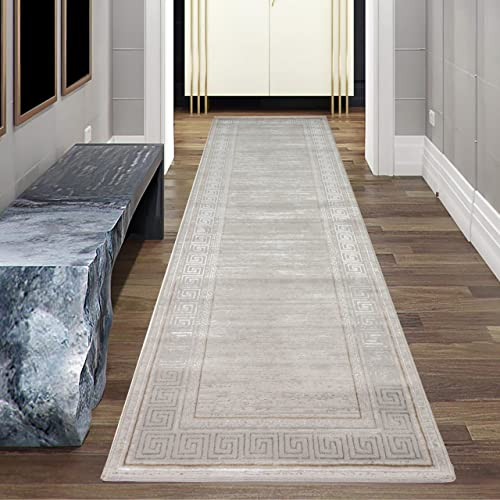 Teppich-Traum Bettumrandung Schlichter Teppich Flur Wohn- & Schlafzimmer dezentes orientalisches Muster grau Größe 80 x 300 cm
