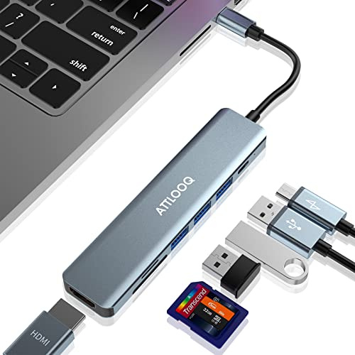 HUB USB C, 7 En 1 Adaptador MacBook con Salida Adaptador USB C a HDMI 4K, 1 x HUB USB 3.0 Y 2 x USB 2.0, PD De 87W, Lector De Tarjetas SD/TF, para MacBook Pro, iPad Pro Y Otros Dispositivos Tipo C