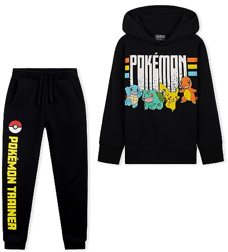 Pokemon Boys Tracksuit - 2 Piece Hoodie and Tracksuit Bottoms Set for Kids and Teenagers 5-14 Years - Gifts for Boys (Black, 11-12 Years)
