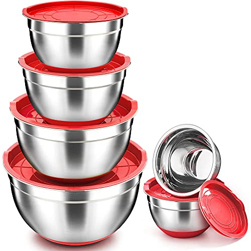 TEAMFAR Rührschüssel 6er Set, Edelstahl Salatschüssel mit Deckel, Rot | Schüssel mit Silikonböden, Stapelbar & Multifunktional, Spülmaschinengeeignet, Größe von 0,7L, 1,5L, 1,6L, 2,5L, 2,8L, 4,6L