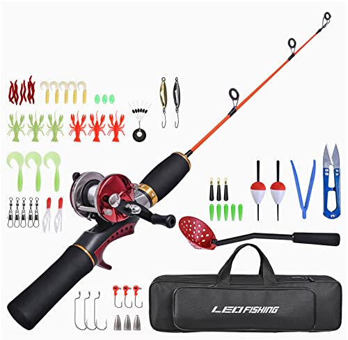 LEOFISHING Eisangelrute und Rolle Combos Zweiteilige Eisangelrute mit kompletten Kits JIG-Haken, weiche Köder, Löffel und Tragetasche, 50 cm (rot)