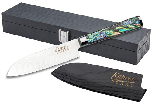 Katana Saya Pearl 12 cm Santokumesser – VG-10-Damaststahl mit hohem Kohlenstoffgehalt für extreme Robustheit und Schärfe – Acrylgriff mit Abalone-Muster