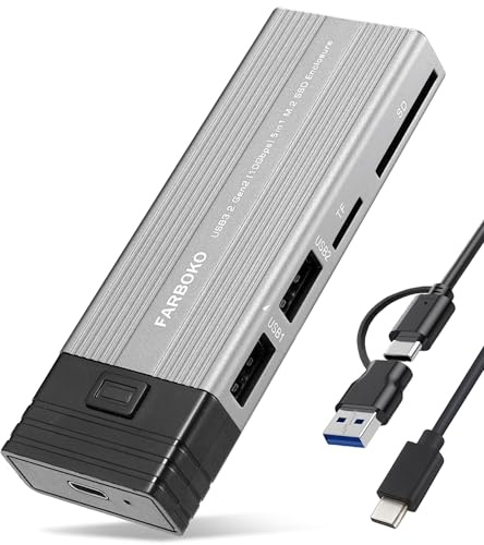 FARBOKO Nvme Gehäuse, M.2 SSD Adapter USB3.2/3.1 Gen2 10Gbps mit 2 USB 2.0 Ports & SD/TF Card Reader Tool-Free für M.2 NVMe/SATA SSD in 2242/2260/2280