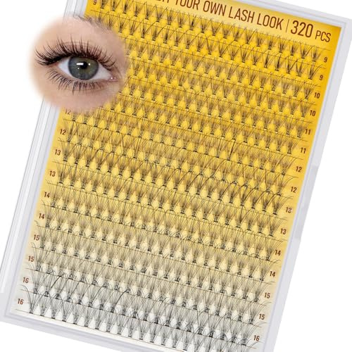 QUEWEL 320 Pcs Cils Individuels 10D 0.10 D Curl Mix 9-16mm Pour Maquillage des Yeux - Artificiels DIY Cluster Touffes Réutilisables (10D-D-9-16)