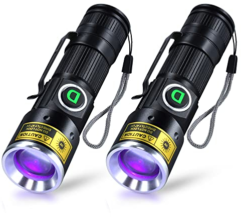 DARKDAWN Taschenlampen UV 395nm Licht USB Wiederaufladbar, Ultraviolett LED Schwarzlicht Taschenlampe Mini Woodsche Lampe mit Zoom, Detektor für Haustier-Urin, Bernstein, Uran-Glas, Harz Härten, 2Pack