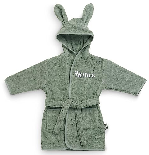 Elefantasie Personalisierter Bademantel mit Name bestickt für Kinder und Kleinkinder aus Frottee Baumwolle Salbei 3-4 Jahre
