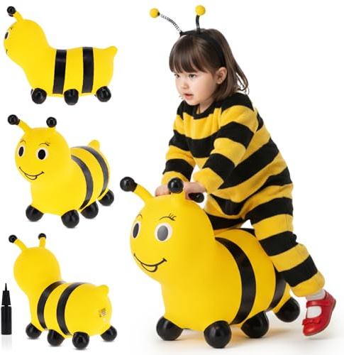 sun baby Hüpftiere ab 1 Jahr mit Pumpe aufblasbares Hüpfspielzeug aus Hochwertigem und Strapazierfähigem Gummi, Verschiedene Designs (Gelbe Raupe)