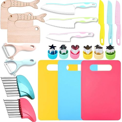 21 Pieces Wooden Kids Kitchen Knife, Kids Knife Set Include 6 Toddler Knives with Serrated Edges, 3*Cutting Boards, 2*Crinkle Cutter, 2*Y Peeler,6 * fruit cutters shapes and 2*Wooden Safe Knife