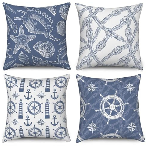 ASDCXZ Maritim Kissenbezug 40x40 cm 4er Set, Ozean Schale Anker Seekompass Blau Weiß Sofa Dekokissen Kissenbezüge Kissenhülle Waschbar Polyester Flachs Textil Outdoor Kopfkissenbezug Kissen Bezug