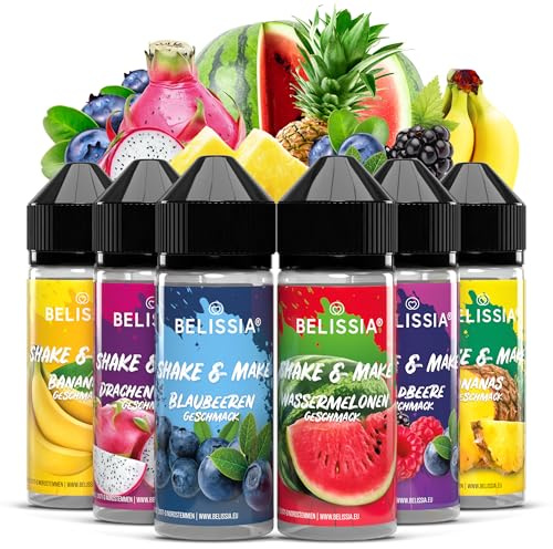 Belissia Shake and Make Set Fruchtkorb 6x10ml Aroma + Schüttelflasche | Lebensmittelaroma, vegan, ohne Zusatzstoffe, 120ml Flasche, für Backen, Speisen, Getränke, Shakes, DIY und Raumduft