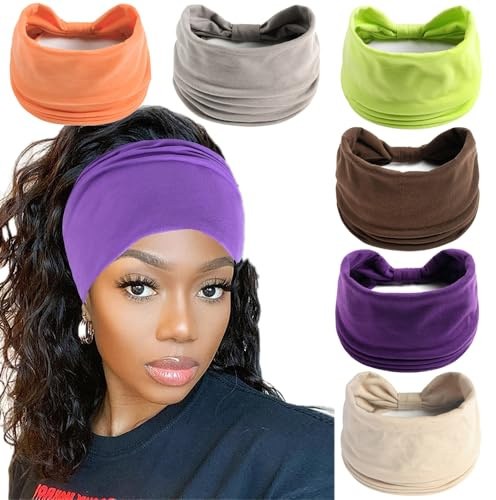 6Stück Stirnbänder für Frauen Breite verknotete Turban Bandana Boho Kopftücher Wraps Yoga Haarbänder Stoff elastische Stirnband Sport Laufen Kopftücher