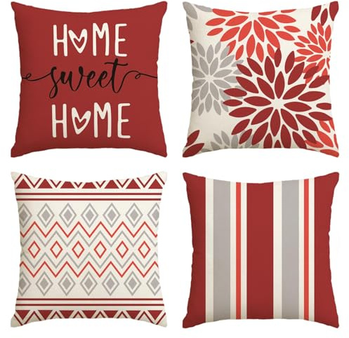 Artoid Mode Rot Dahlien Geometrisch Frühling Kissenbezüge 4er Set, 40x40 cm Saisonnal Sommer Zierkissenbezug Cushion Cover Couch Wohnzimmer Deko