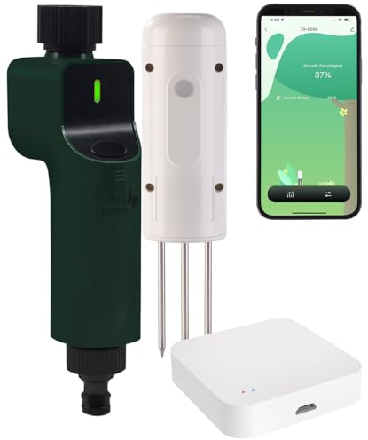 Luminea Home Control Temperatursensoren TUYA: BodenFeuchtigkeits&Temperatursensor,ZigbeeGateway,1x Bewässerungscomp. (Bodentemperatur-Feuchtesensoren, Feuchtigkeitsmesser Pflanzen)