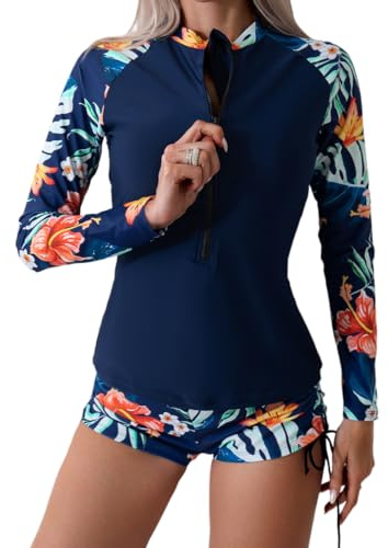 Owntop Maillot de bain 2 pièces Rashguard à manches longues pour femme, maillot de bain anti-UV UPF 50+, maillot de bain floral à fermeture éclair avec bas taille haute, pour la natation et le surf,