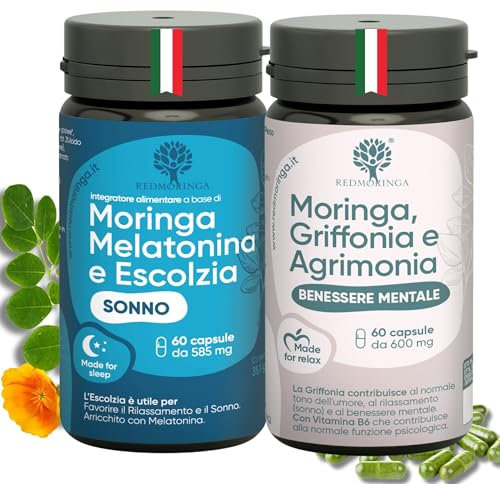 300mg 5HTP Griffonia 1mg Melatonina | Valeriana Vit B6 Moringa Bio | SET Relax Giorno e Notte | Migliori il Riposo la Notte Riduci lo Stress Diurno | 120 Capsule Vegetali Prodotto Italiano RedMoringa®