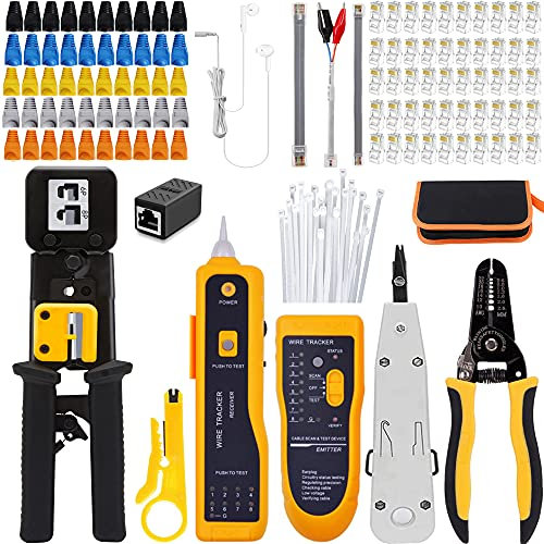 Mayline Crimpzange für Kabel RJ45 RJ11 Cat5 Cat6 Netzwerk-Tester Netzwerkkabel Kits mit 50 Werkzeugen aus Kristall Abisoliergerät für Datendetektor (schwarz)