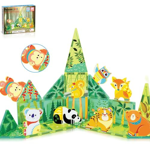 PicassoTiles Magnet-Bausteine, Spielset mit Waldtier-Motiven und 8 Actionfiguren, pädagogisches STEM-Lernbauset, Rollenspiel mit magnetischen Bausteinen, Kleinkinder ab 3 Jahren, PTQ26