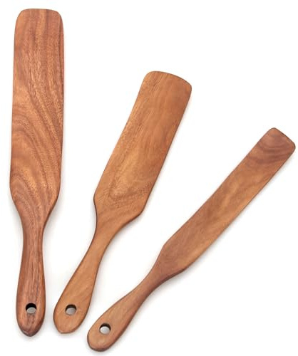 3 Pcs Teak Wood Spurtle Set for Sourdough Starter Spurtles Kitchen Tools Flat Bread Spatula Scraper for Cooking Utensils Set Skinny Wooden Jar Spurtle Spatulas Turner Sourdough Stirrer Stick Spoon