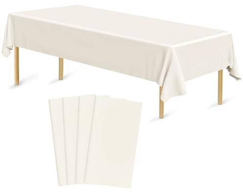 Bouiexye 4 Pack Disposable Table Cloth Ivory Plastic Tablecloth 54 x 108 Inch Rectangular Tablecloths for Indoor Outdoor Party Birthdays Weddings Christmas Anniversary Buffet Table
