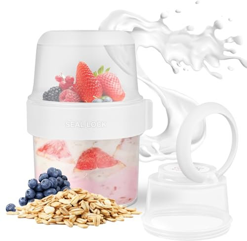 HOTUT Overnight Oats Container - 310ml+360ml Reusable Yogurt Cup with Spoon, Split Cereal Storage Jar for Breakfast, Milk, Fruit - Leak-Proof on the Go for Adults