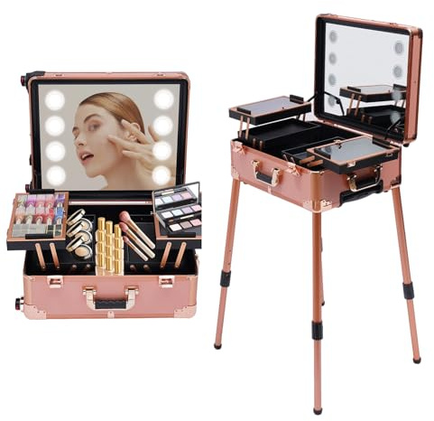 VonVVer Kosmetikkoffer Trolley mit 8 Beleuchtung - Kosmetikkoffer Groß mit Spiegel Make up Koffer Verstellbare Beinhöhe Schminkkoffer mit Rollen Friseurkoffer (Rose Gold)
