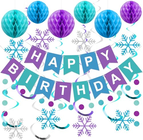 Frozen Happy Birthday Girlande, Eiskönigin Geburtstagsdeko für Kinder | Wiederverwendbar mit Wabenbällen, 8 Schneeflocke-Hängespiralen & Punktgirlanden, ideal für Innen- und Außenpartys