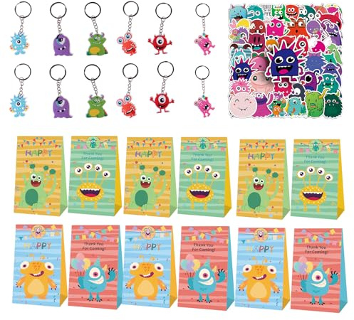 JWTRSVTY Lot de 74 cadeaux d'anniversaire pour enfants - Thème monstres - Petit cadeau de fête avec porte-clés pour enfants - Autocollants pour garçons et filles