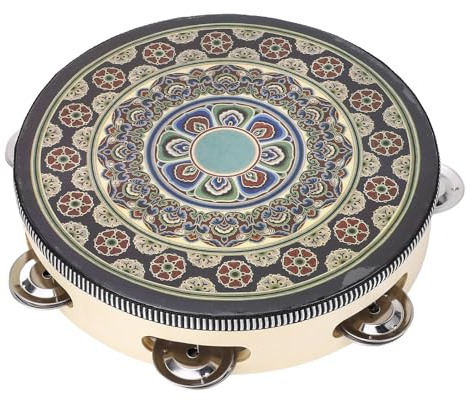 Trommelglocke, Holz-Tamburin, 8-Zoll-Schellen, Musikinstrument für Erwachsene und Kinder mit Trommelband-Sound (Schwarze Blume)