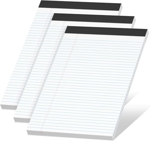 Roneky Bloc de notas blanco A4 con rayas universitarias, paquete de 3 blocs de notas A4 con rayas estrechas, 30 hojas por bloc de notas, bloc de notas microperforados, bloc de notas legales blancos