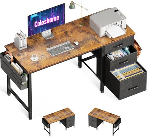 Coleshome Schreibtisch mit 3 Stoff Schubladen, 120x48cm Computertisch mit Kopfhörer Halter, Umkehrbare PC-Schreibtisch Bürotisch für kleines Heimbüro, Braun