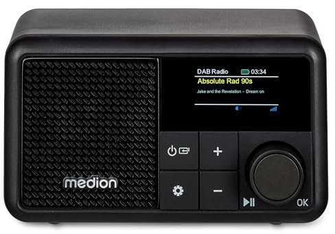 MEDION S66822 Mini radio DAB+ digitale portatile con Bluetooth (batteria ricaricabile, display a colori oscurabile, antenna telescopica, sleep timer, sveglia, snooze, AUX, USB-C) nero