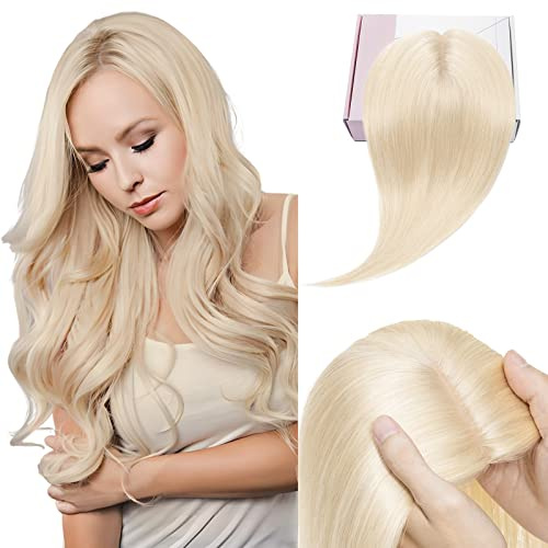 Elailite Haarteil Echthaar Topper Clip in Toupet Frauen Haartopper Extensions Seide Basis Clip in Extensions Haarverlängerung Remy Silk Base Glatt #60 Platinblond 45cm