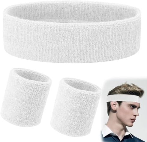 FENQURO 3 PCS Schweißband Set Sportstirnband Handgelenk gestreifte Schweißbänder Frottee Sporttraining Basketball-Armband Stirnbänder Feuchtigkeitstransport Schweiß absorbierendes Stirnband（Weiß）