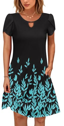 Cuptacc Sommerkleid Damen Kurzarm Strandkleid mit Taschen Lose Minikleid Elegante Schwarz Blau Bedruckt,Groß L 42-44
