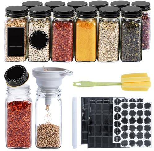 AufuN Juego de 12 tarros de especias rectangulares con tapa, con bandeja para esparcir y etiquetas, lápiz acrílico, recipiente para especias de cristal de alta calidad, tarros para especias,