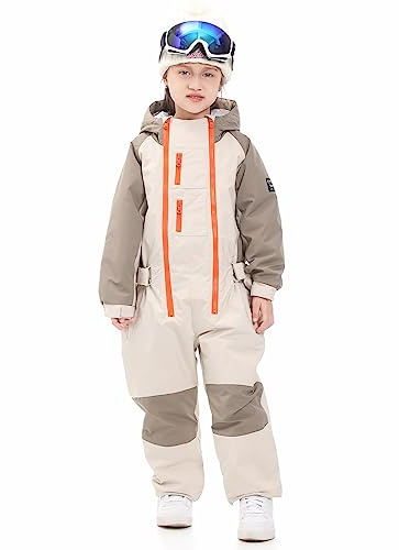 SNBOCON Kids Girls Boys One Piece Snowsuits Ski Suits High Collar Hood Double Zipper Front Colorful Jumpsuits Snowboard Outdoor Winter Waterproof Jackets(150cm,Oatmeal)