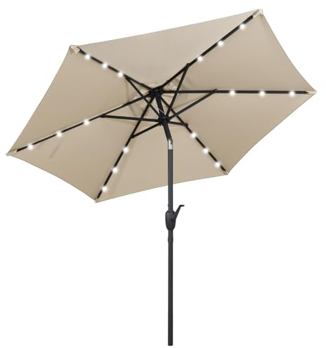 GOPLUS Sonnenschirm mit LED Beleuchtung, Gartenschirm 230 cm, Marktschirm mit Kurbel, Balkonschirm beideseitig um 30° knickbar, UV-Schtutz, Tischschirm für Garten & Terrasse, Beige