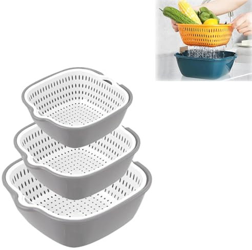 Juego de 6 coladores de cocina multifunción, 2 en 1, colador de plástico, colador de pasta, cesta de drenaje de doble capa, para frutas, verduras, arroz, color gris y blanco