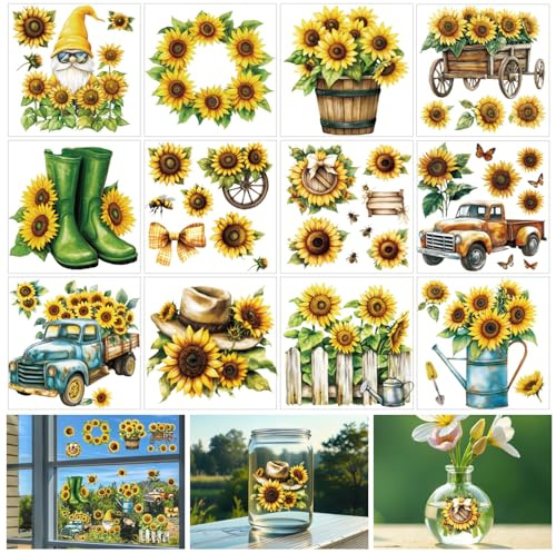beinkmake 12 Blätter Vintage Sonnenblume Rub auf Transfers für Handwerk 5.5×5.5inch Gartenmöbel Rub auf Transfers Aufkleber für Holz Glas Scrapbooking Journale Planer DIY Craft