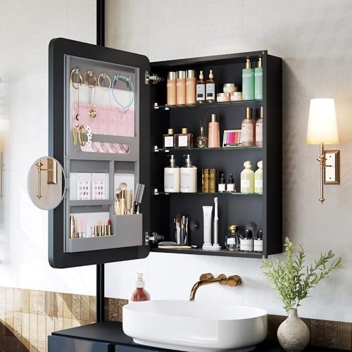 MemoCastle Medicine Cabinet with Mirror, 20x26 Inch Aluminum Bathroom Cabinet with Adjustable Shelves, Built-in Makeup Storage, Recessed or Surface Mount, DTC Soft Close Hinges, Matte Black, Pre