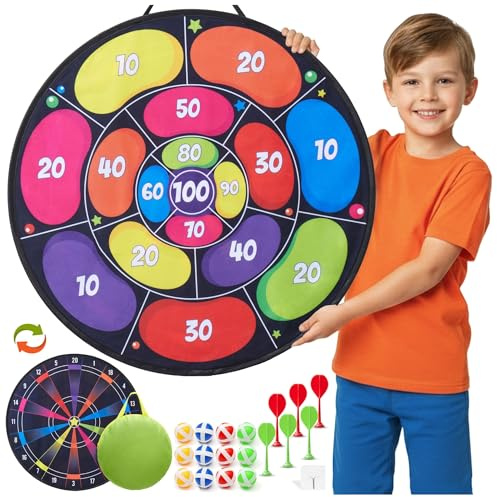 Cheerful Children Toys Jumbo Kids Dart Board Set XL or XXL, Large Dart Board with Reversible Designs, 16 Sticky Balls & 6 Darts - Indoor & Outdoor Garden Games for Ages 3-8 (Neon, 73cm)