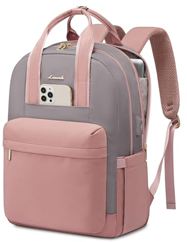 LOVEVOOK Damryggsäck, laptopryggsäck med laptopfack, skolryggsäck, tonåring, vattentät, reseryggsäck, affärsryggsäck, arbetsväska, dagsryggsäckar för resor, universitet, skola, grå-rosa, 15,6 Zoll