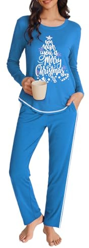 Terecey Pigiama Inverno Donna in Cotone Pigiama Lungo Due 2 Pezzi Leggero Pigiami a Maniche Lunghe e Pantaloni con Tasche Pigiami Stampato Morbido e Confortevole