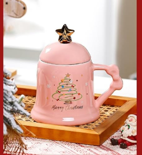 VollfitYYu Porzellan Weihnachtsbecher süße Glocke Form Kaffeetasse Weihnachtsthema Kaffeebecher mit Deckel und Löffel Weihnachtstasse Geschenk für Weihnachten Neujahr Geburtstag (Rosa)