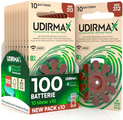 100 Batterien für Hörgeräte PR41 Größe 312 Braune - Udirmax Zink-Luft-Batterien Quecksilberfrei 1,45 V Dynamische Sonartechnologie Eco Pack Format - 10 Eco Blister mit 10 Batterien