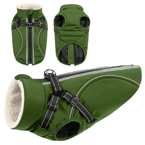 CITÉTOILE Wasserdichter Winter Hundemantel mit Geschirr Fleece Grün XS | Warme Hundejacke mit Reißverschluss, Wintermantel mit Reflektorstreifen für kleine Mittel Große Hunde, mit Bauchschutz