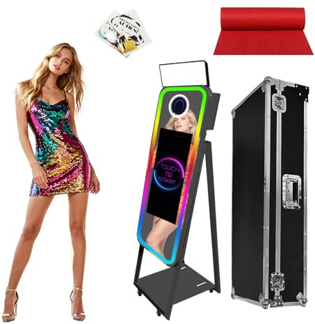 Magic Mirror Photo Booth mit 21,5 Zoll, 32 Zoll, 43 Zoll Touchscreen, DSLR Photo Booth Machine mit RGB Fill Light & Flight Case für Hochzeiten Partys Geburtstag Verleih (Schwarz, 54,6 cm quadratisches