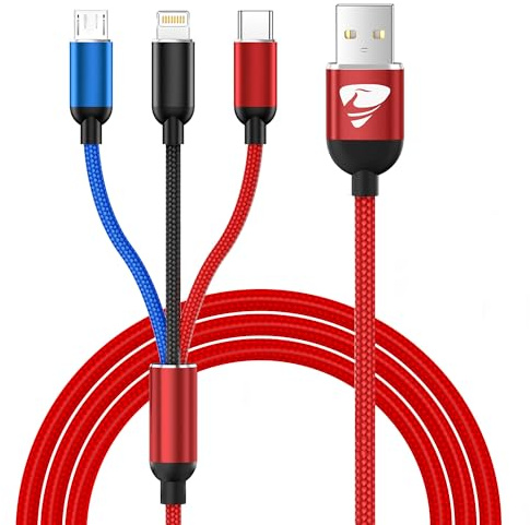 Multi USB Kabel, 3 in 1 Universal Ladekabel [1.2M] Nylon USB C schnellladekabel iPhone Ladekabel Mehrfach mit Micro USB Typ C Lightning Kabel für iPhone 17 16 15 14 13 12, Samsung, Handys, Rot